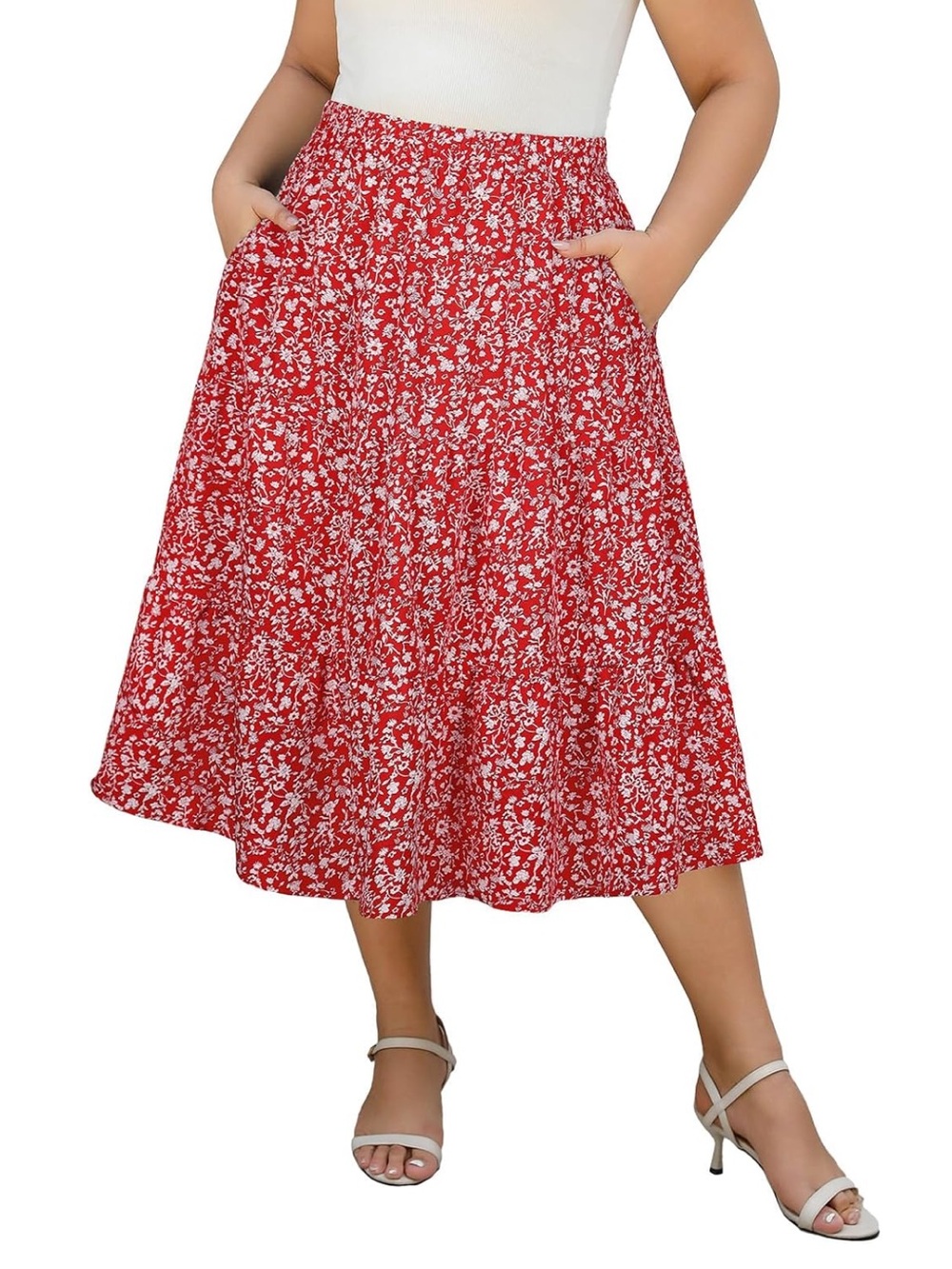 Women's Red Floral Midi Tiered Skirt with Pockets